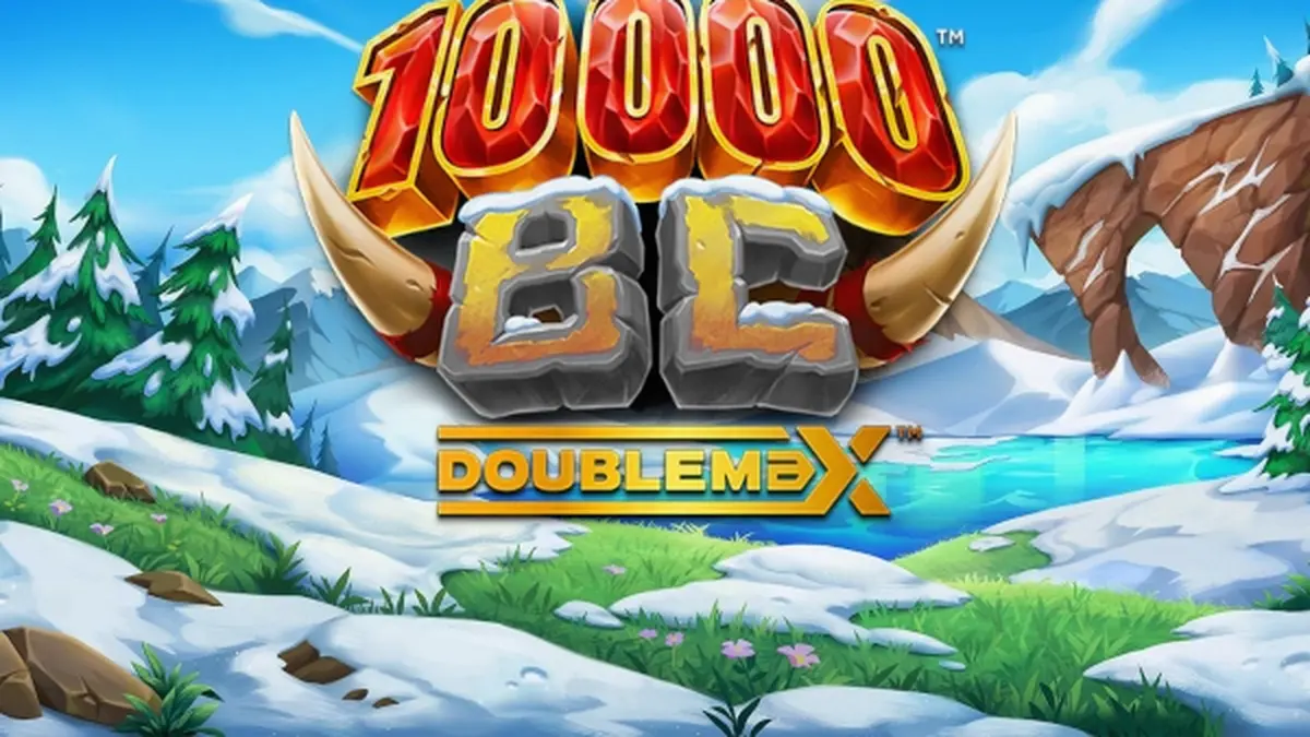 Cenário pré-histórico do slot 10000 BC DoubleMax com símbolos de mamutes e gelo