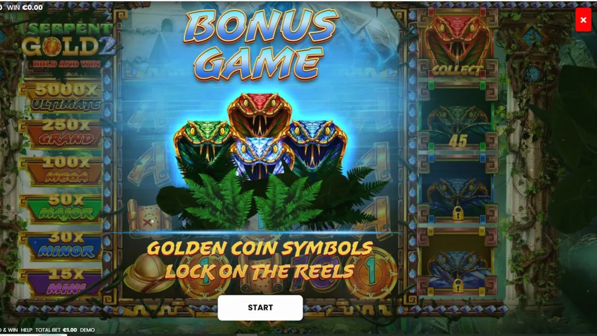 Interface do jogo Serpent Gold 2: Hold and Win com tema de selva e serpentes
