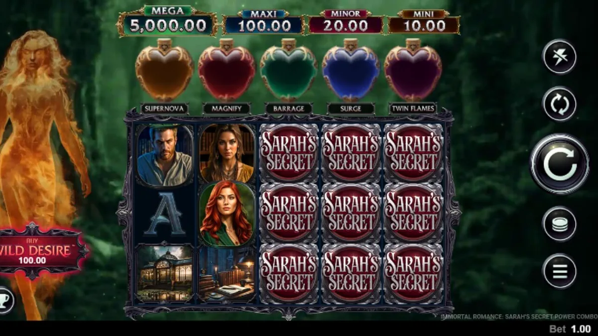 Interface do jogo de slot Immortal Romance Sarah’s Secret com tema gótico