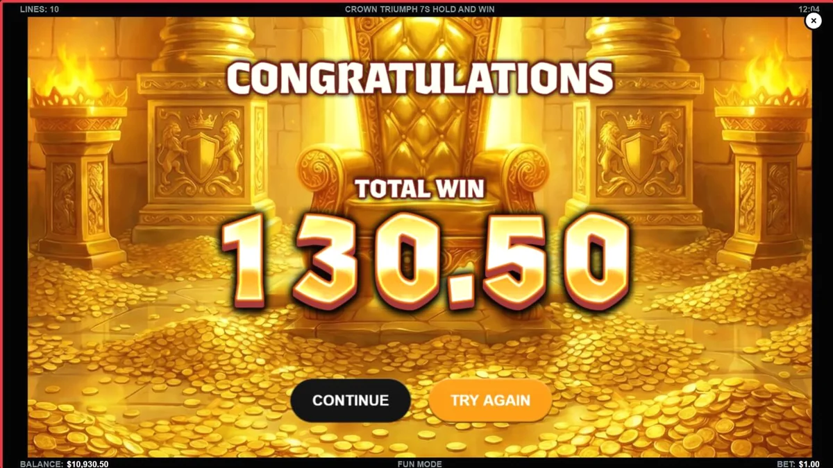 Interface do slot Crown Triumph 7s Hold and Win com símbolos de frutas e barras